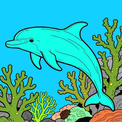 Wersja pokolorowana: Delfin wśród rafy koralowej