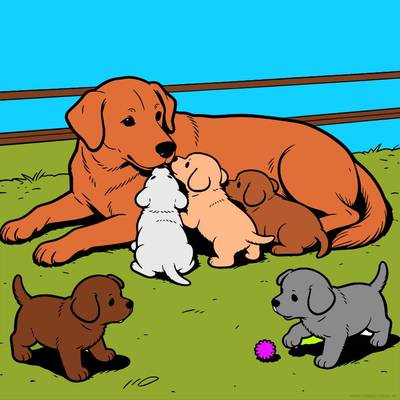 Colored version: Golden retriever mother with five puppies