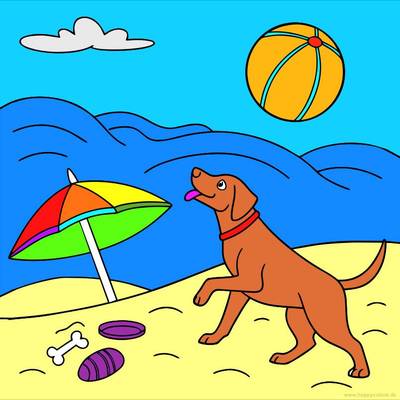 Colored version: Simple beach dog with ball