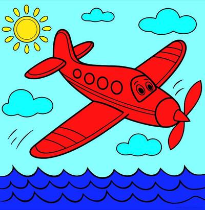 Färglagd version: Flygplan flyger över havsvågor