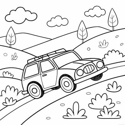 Wersja pokolorowana: SUV jedzie po pagórkowatej drodze