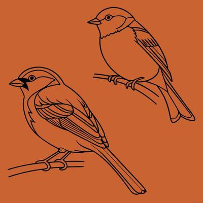 Versão colorida: Pardal e chapim nos galhos