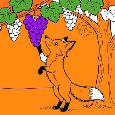 Ingekleurde versie: Vos die naar druiven reikt