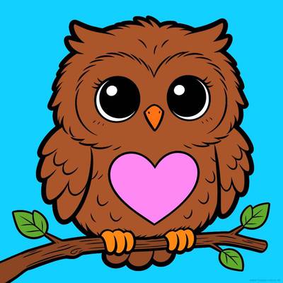 Wersja pokolorowana: Sowa kawaii na gałęzi z sercem