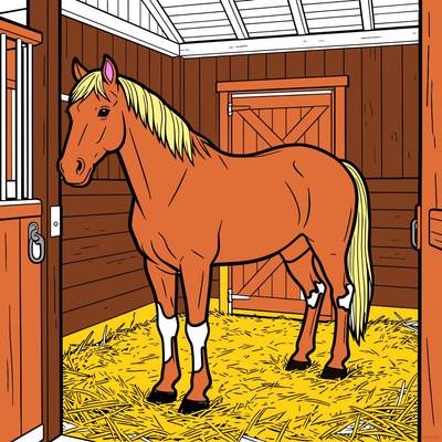 Ausgemalte Version: Detailliertes Pferd in der Stallbox auf Heu