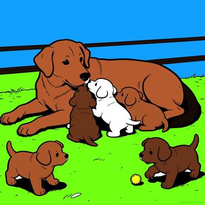 Colored version: Golden retriever mother with five puppies