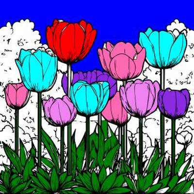 Version coloriée : Scène de jardin de tulipes