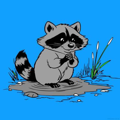 Ausgemalte Version: Waschbär am Wasser