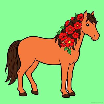 Ausgemalte Version: Stehendes Pferd mit Blumenmähne