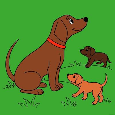 Ingekleurde versie: Eenvoudige hondenfamilie met twee puppy’s