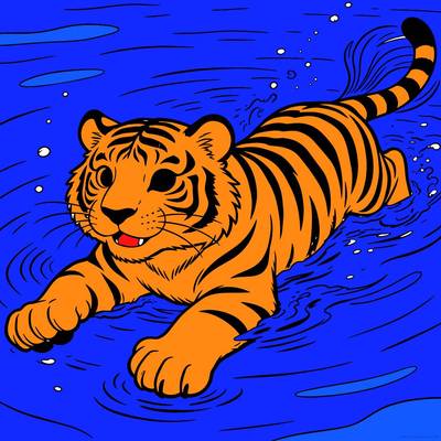 Ausgemalte Version: Detailreicher Tiger beim Schwimmen