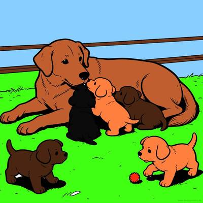 Ingekleurde versie: Golden retriever met vijf puppy’s