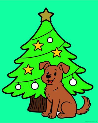 Ingekleurde versie: Hond onder de kerstboom