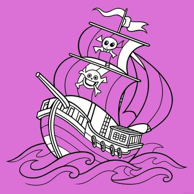 Ausgemalte Version: Piratenschiff auf Meereswellen
