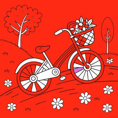 Ausgemalte Version: Fahrrad mit Blumenkorb