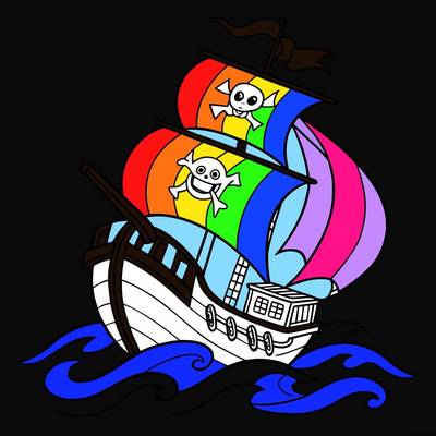 Ausgemalte Version: Piratenschiff auf Meereswellen