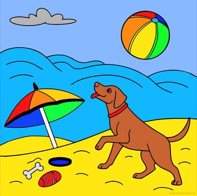 Ingekleurde versie: Hond op het strand met bal