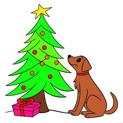 Ingekleurde versie: Hond naast een kerstboom