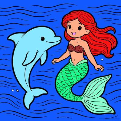 Farvelagt version: Delfin og havfrue under vandet