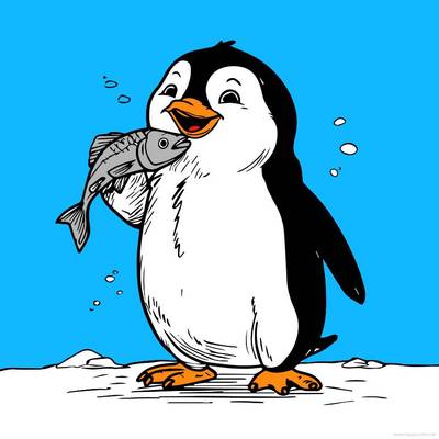 Ausgemalte Version: Fröhlicher Pinguin mit Fisch