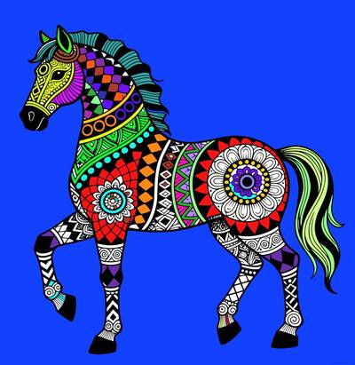 Ausgemalte Version: Detailliertes Pferd im Zentangle-Stil