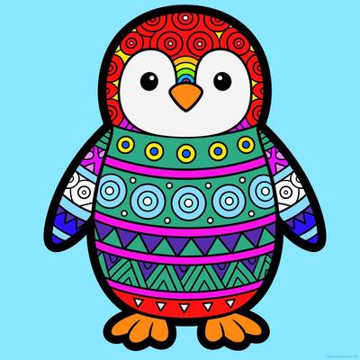 Ingekleurde versie: Pinguïn met zentanglepatroon van voren