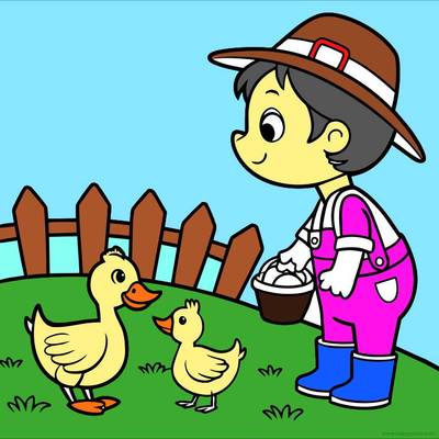Version coloriée : Enfant de la ferme nourrissant des canards