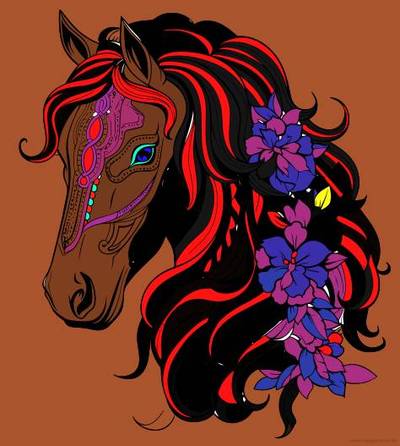 Ausgemalte Version: Pferd mit Blumen in der Mähne