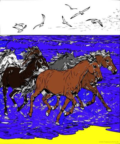 Ausgemalte Version: Wildpferde am Strand – Möwen am Himmel
