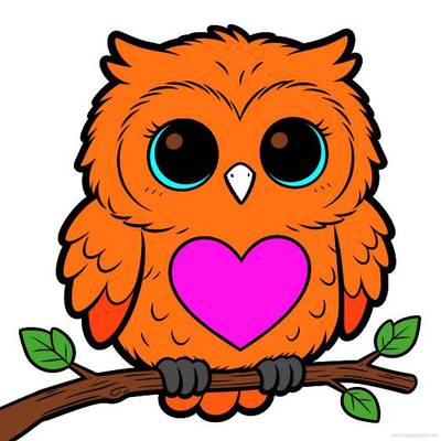 Wersja pokolorowana: Sowa kawaii na gałęzi z sercem