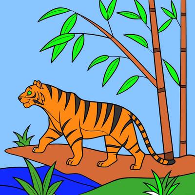 Colored version: Tiger walking in a bamboo jungle