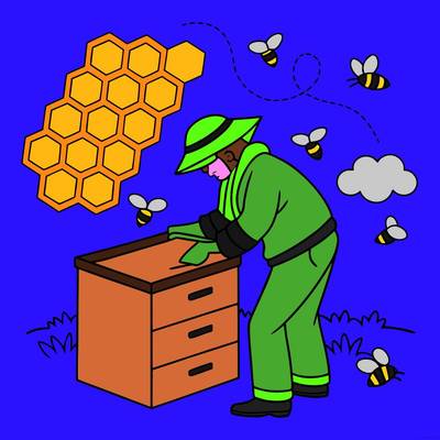 Ausgemalte Version: Imker mit Bienen und Bienenwabe