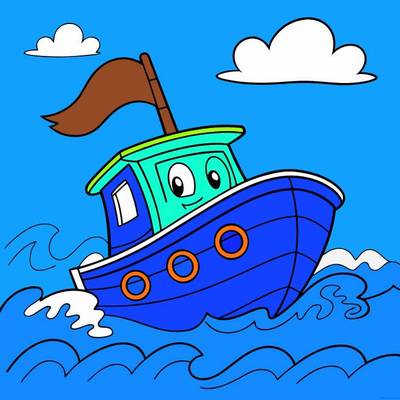 Ingekleurde versie: Cartoonboot op oceaangolven