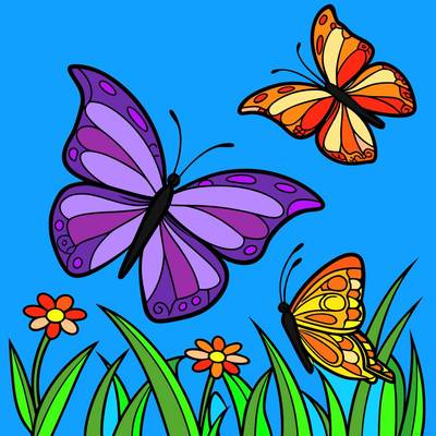 Ausgemalte Version: Schmetterlinge über Blumen und Gras