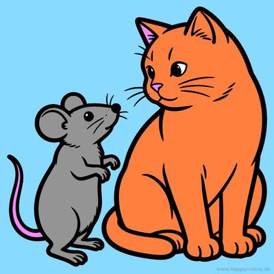Ingekleurde versie: Muis en kat kijken elkaar aan
