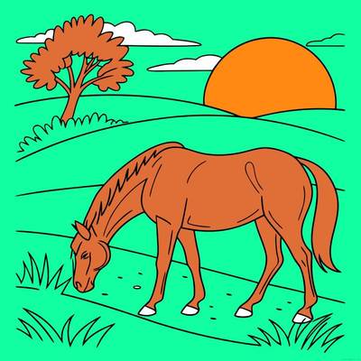 Ausgemalte Version: Grasendes Pferd bei Sonnenuntergang