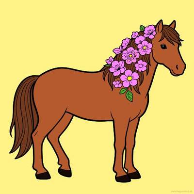 Ausgemalte Version: Stehendes Pferd mit Blumenmähne