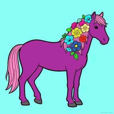 Ausgemalte Version: Stehendes Pferd mit Blumenmähne