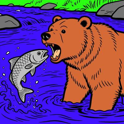 Versão colorida: Urso-pardo pescando salmão