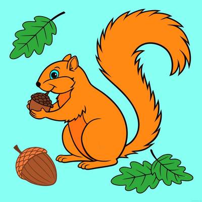 Colored version: Squirrel with acorns and oak leaves