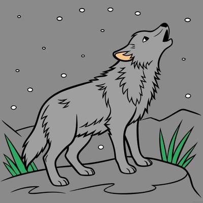 Colored version: Howling wolf in a snowy scene