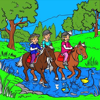 Ausgemalte Version: Pony Club – Kinder beim Ausritt