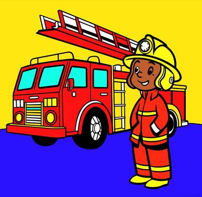 Versão colorida: Bombeiro com caminhão de bombeiros