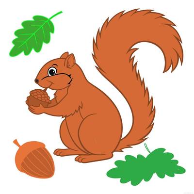 Ausgemalte Version: Eichhörnchen mit Eicheln und Eichenblättern