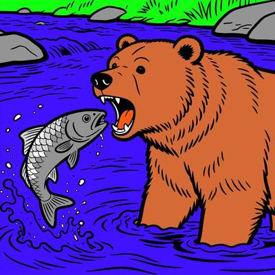 Farvelagt version: Detaljeret grizzlybjørn med laks