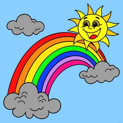 Versão colorida: Arco-íris com sol sorridente e nuvens