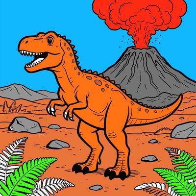 Ingekleurde versie: Roofdinosaurus bij uitbarstende vulkaan