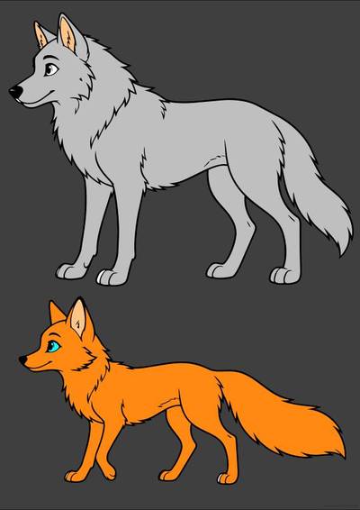 Colored version: Wolf and fox anatomy comparison
