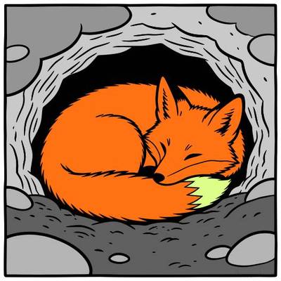Colored version: Sleeping fox curled inside a den