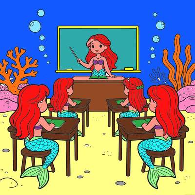 Versão colorida: Crianças sereias aprendendo no fundo do mar